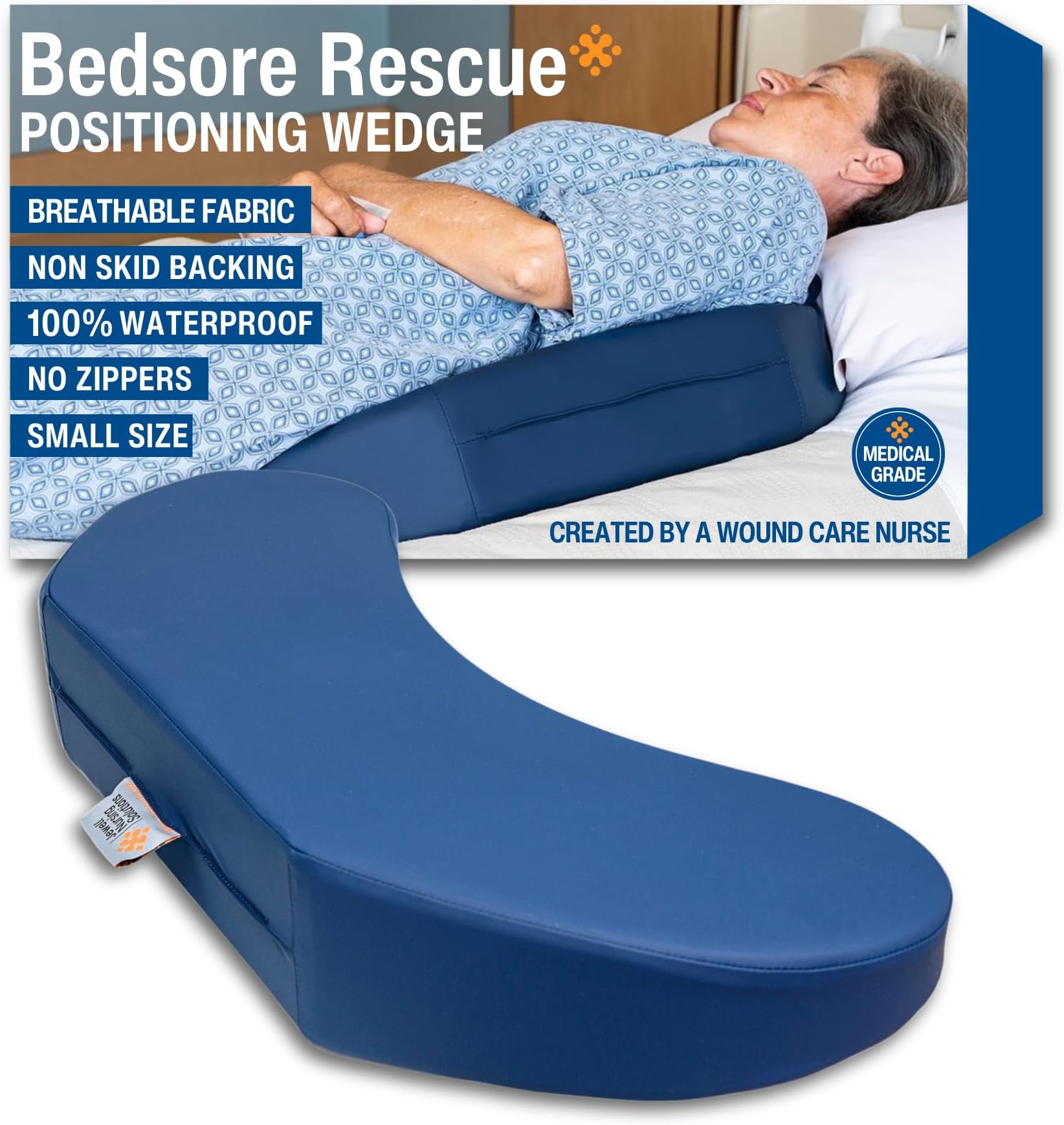 Bedsore Rescue Positioning Pillow Wedge - Tailbone, Sacrum, Buttocks - Small Size Under 100lbs - Hypoallergenic - Non-Slip Turning Wedge - Medical Grade Hospital to Home - Made in USA