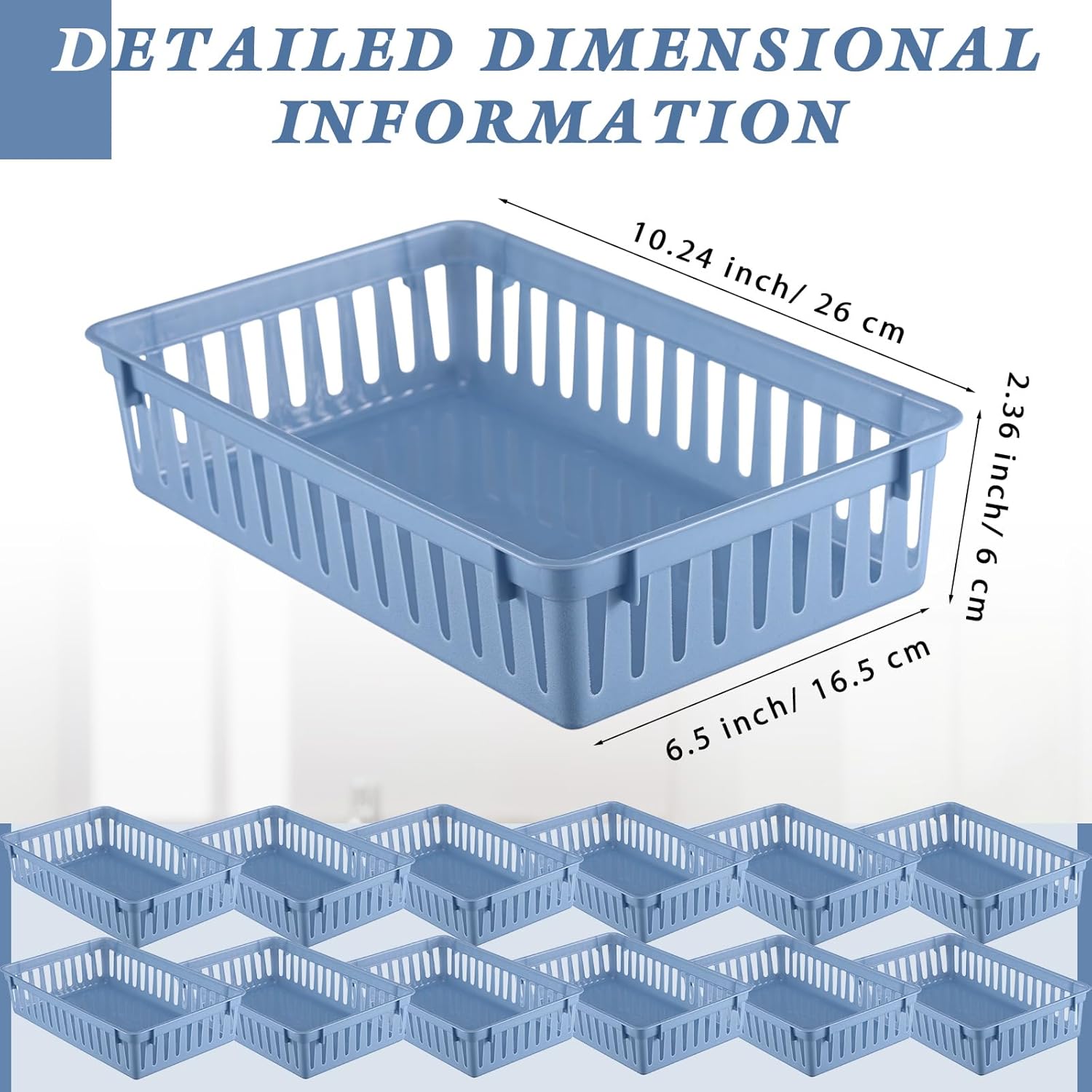 Wenqik Set of 12 Small Plastic Baskets for Organizing 10.24 x 6.5 x 2.36 Inch Pharmacy Baskets Rectangular Trays Plastic Organizer for Office Pharmacy Dorm Kitchens, Closets Shelves(Haze Blue)