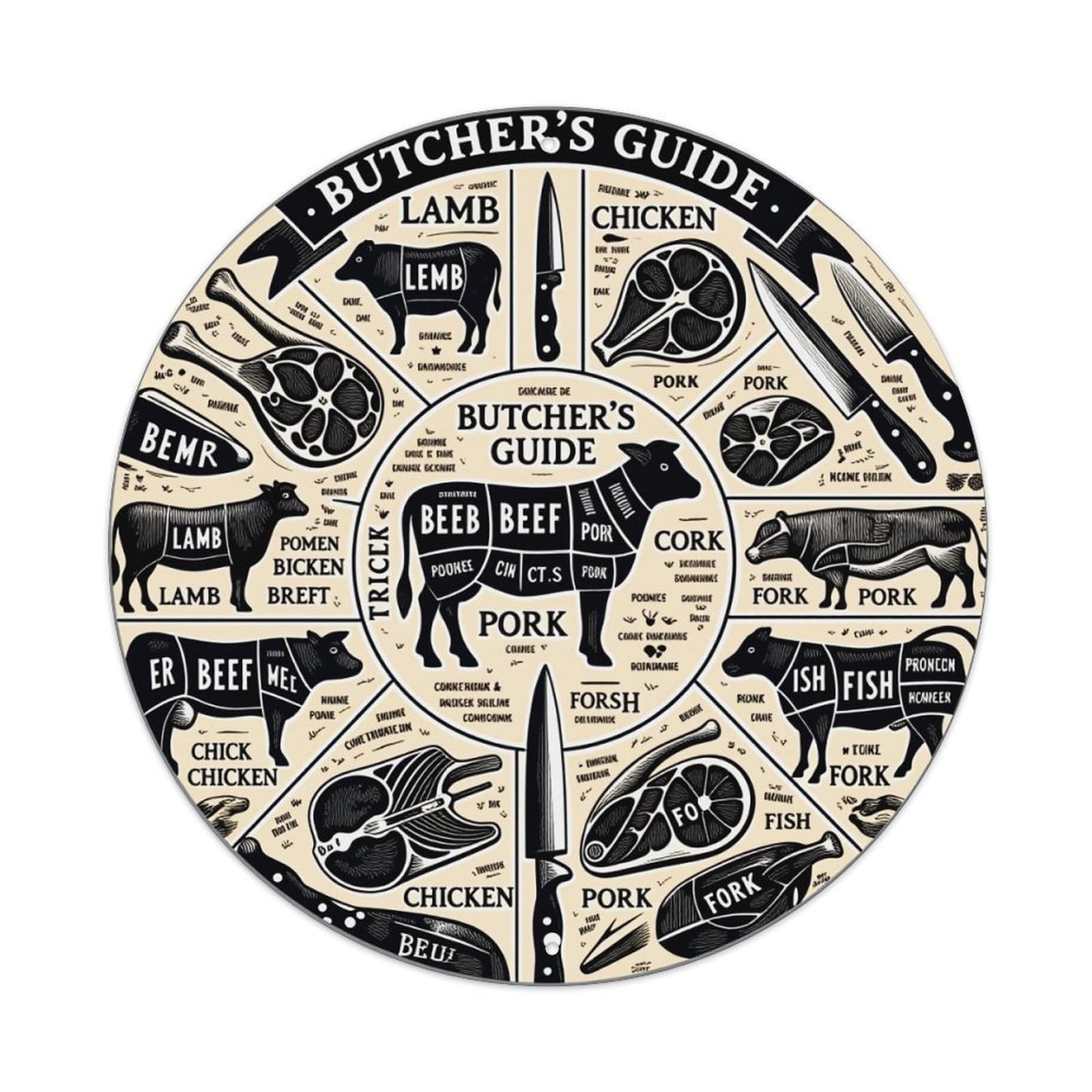 Butcher's Guide Meat Cuts Diagram Retro Metal Sign Round Tin Sign, Vintage Decor Art Poster for Bar, Home, Man Cave, Kitchen, Laundry Room Gift 8x8Inch