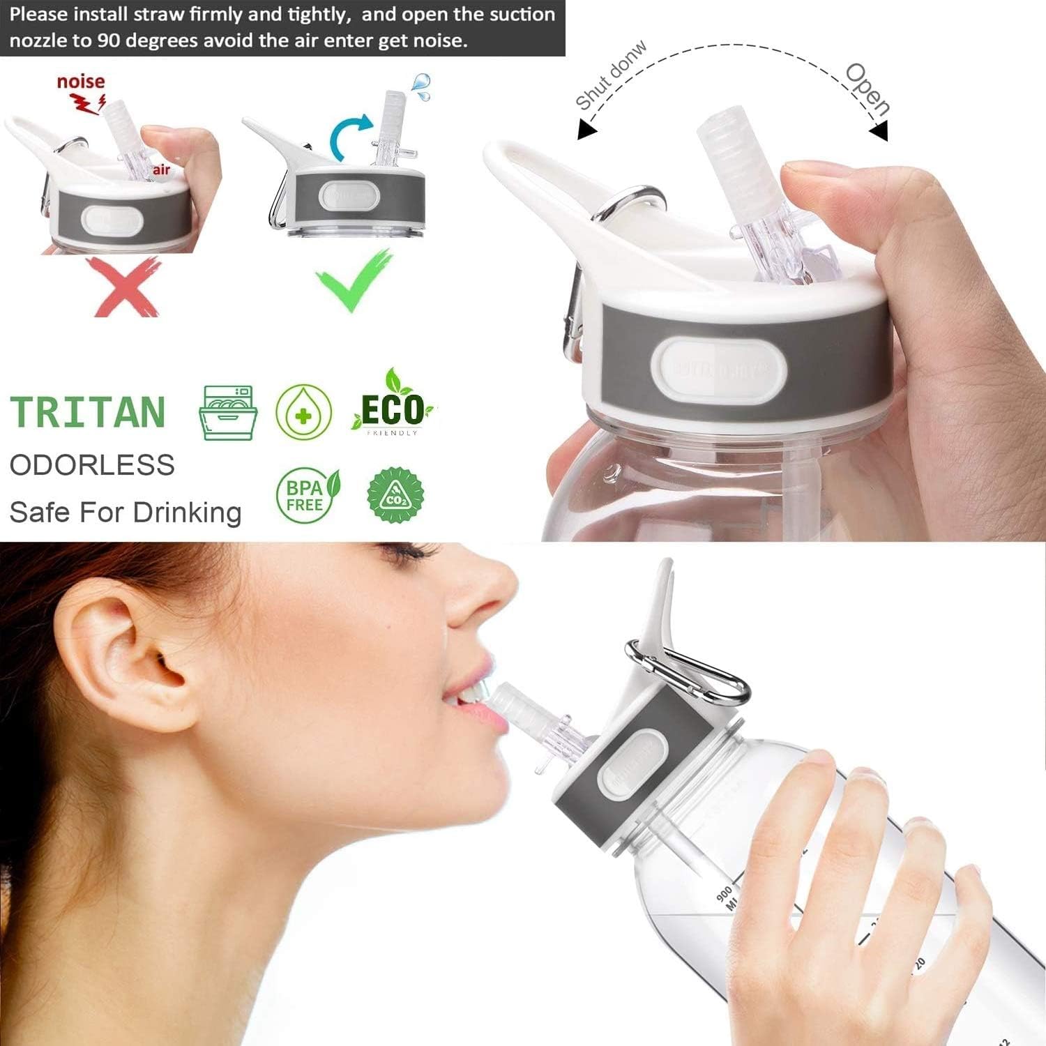 Botella de agua Tritan de 32 onzas con popote y marcador de tiempo motivacional, botella de agua deportiva de flujo rápido, sin BPA, no tóxica para fitness, gimnasio y actividades al aire libre