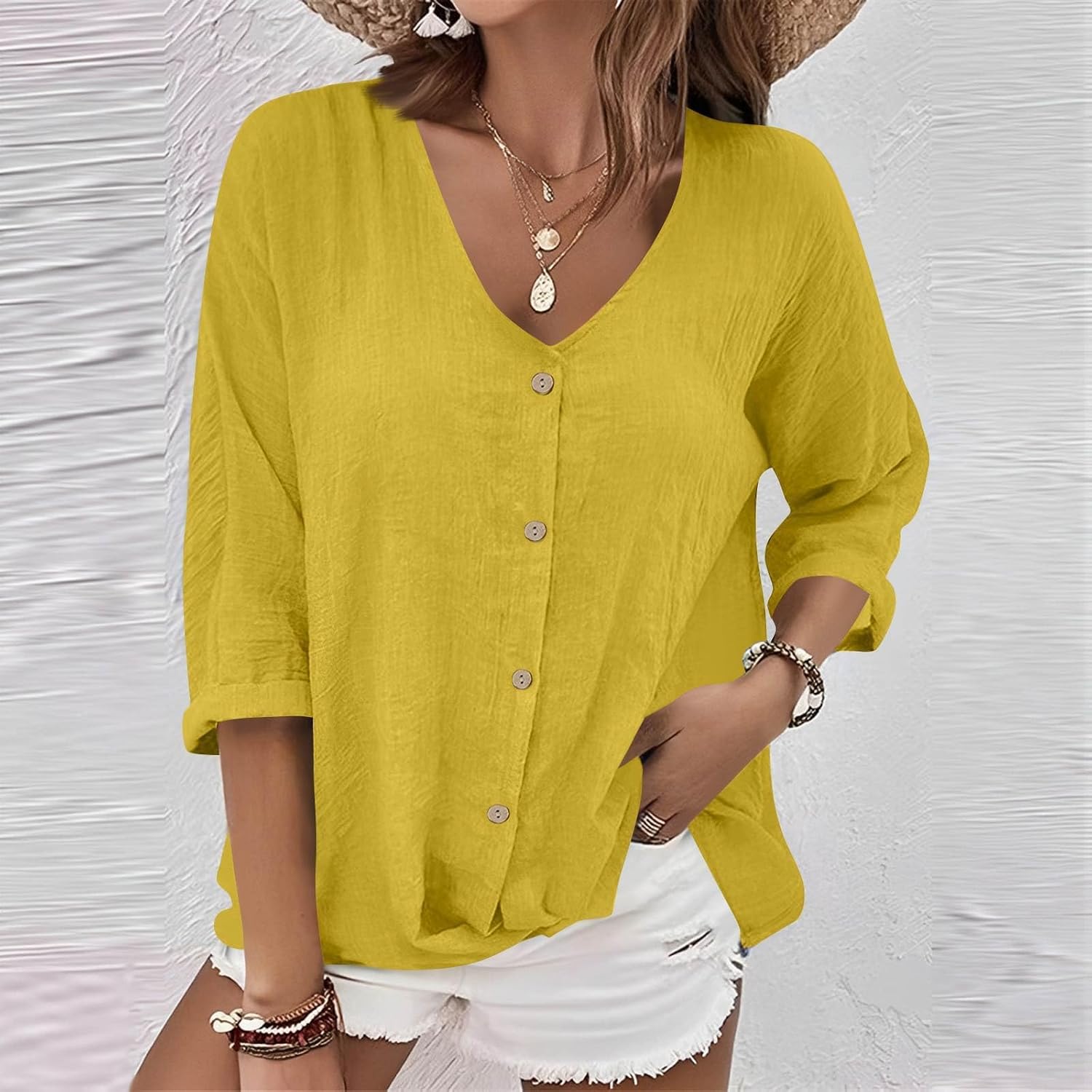 Button Down Shirts for Women Long Sleeve Gauze Shirt Casual Loose Fit V Neck Lightweight Tops Fall Work Blouse