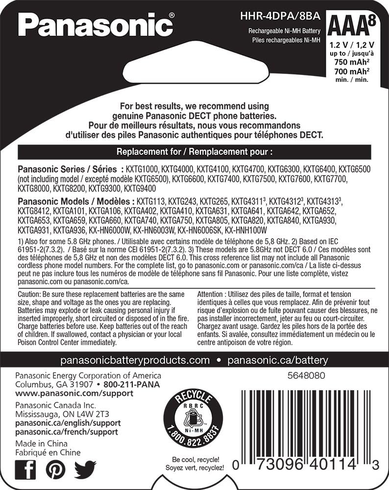 Panasonic Genuine HHR-4DPA/4B AAA NiMH Rechargeable Batteries for DECT Cordless Phones, 4 Pack: Electronics