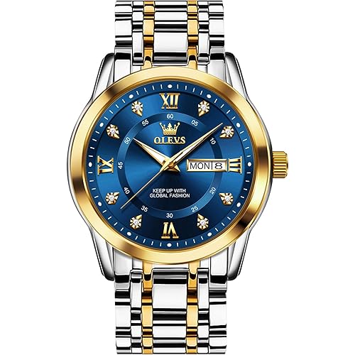 OLEVS Men's Stainless Steel Watch, Large Face Roman Numerals Diamond Accented Three-Hand Analog Quartz Watches for Men, Easy to Read Day Date Waterproof Luminous Mens Wristwatch