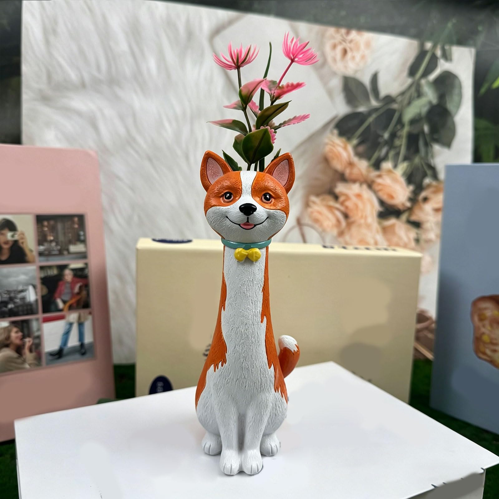 Grazioso contenitore in resina a forma di cane, ideale per piccole composizioni floreali e decorazione della casa da tavolo