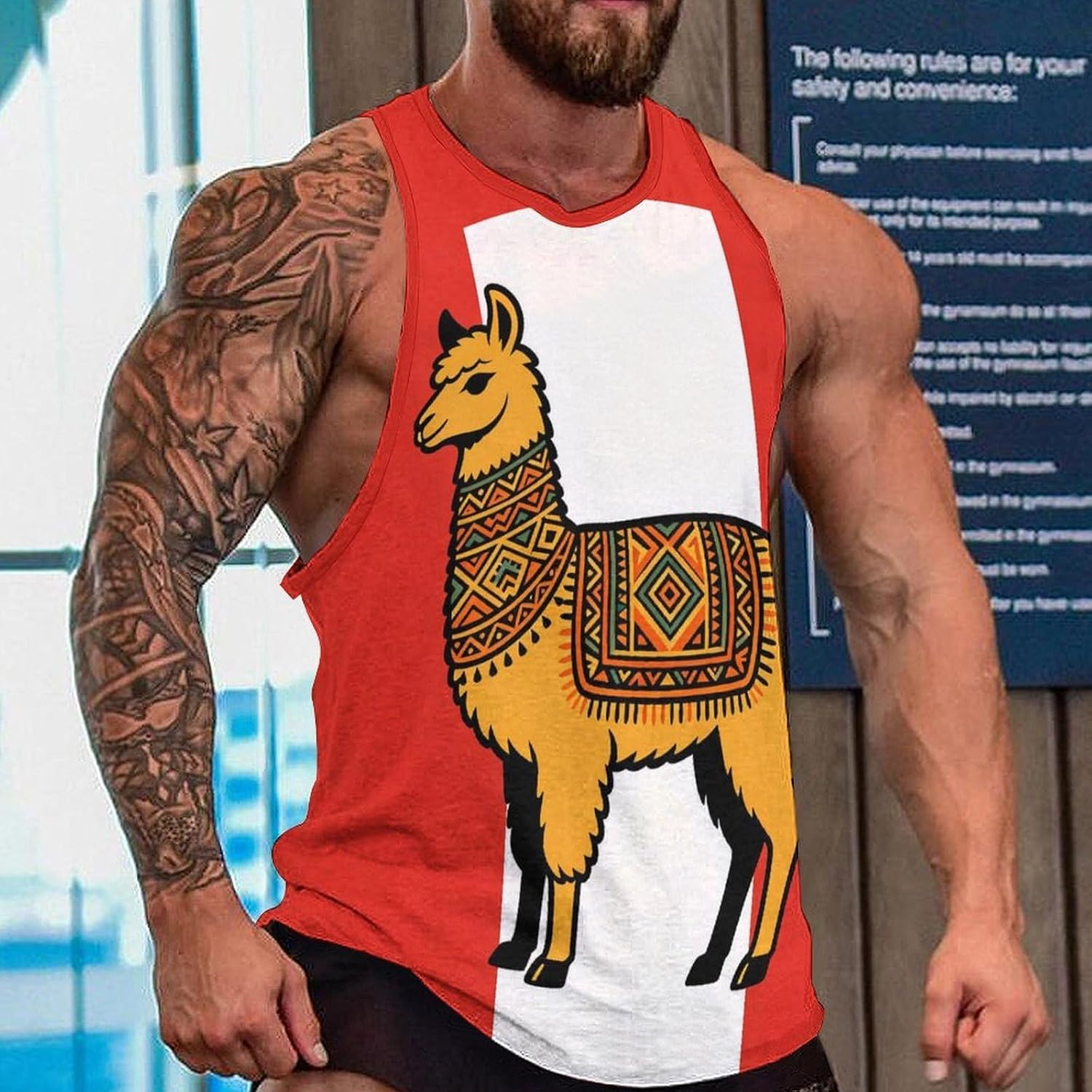 Peru Flag and Tribal Llama Mens Breathable Printed Tank Top 5XL