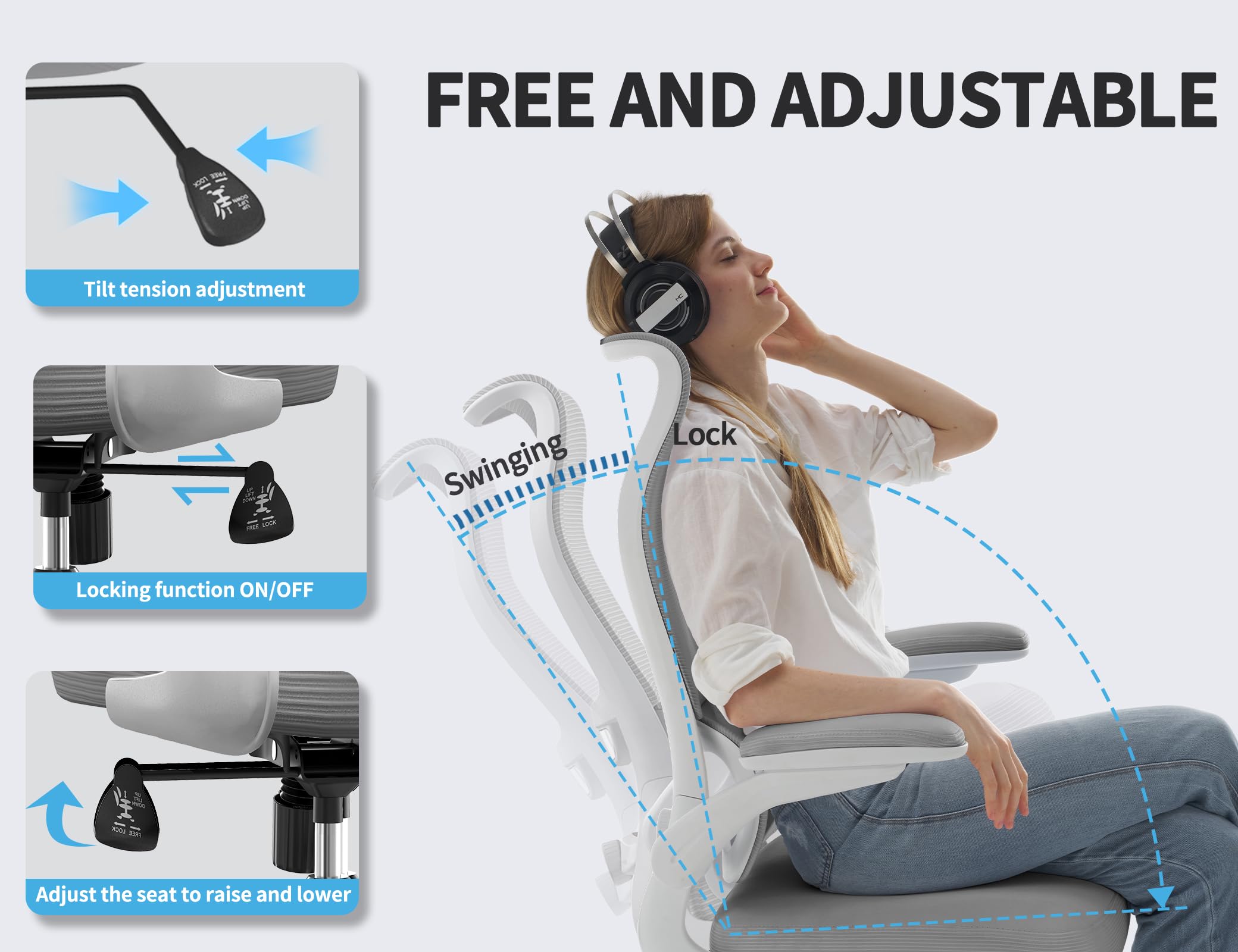 TRALT Ergonomic Office Chair - Desk Chair with Wave High Back Adjustable Lumbar Support Computer Chair - Gaming Chairs Mesh Backrest and PU Leather Seat for Home Reading Chairs to Adults(Grey)