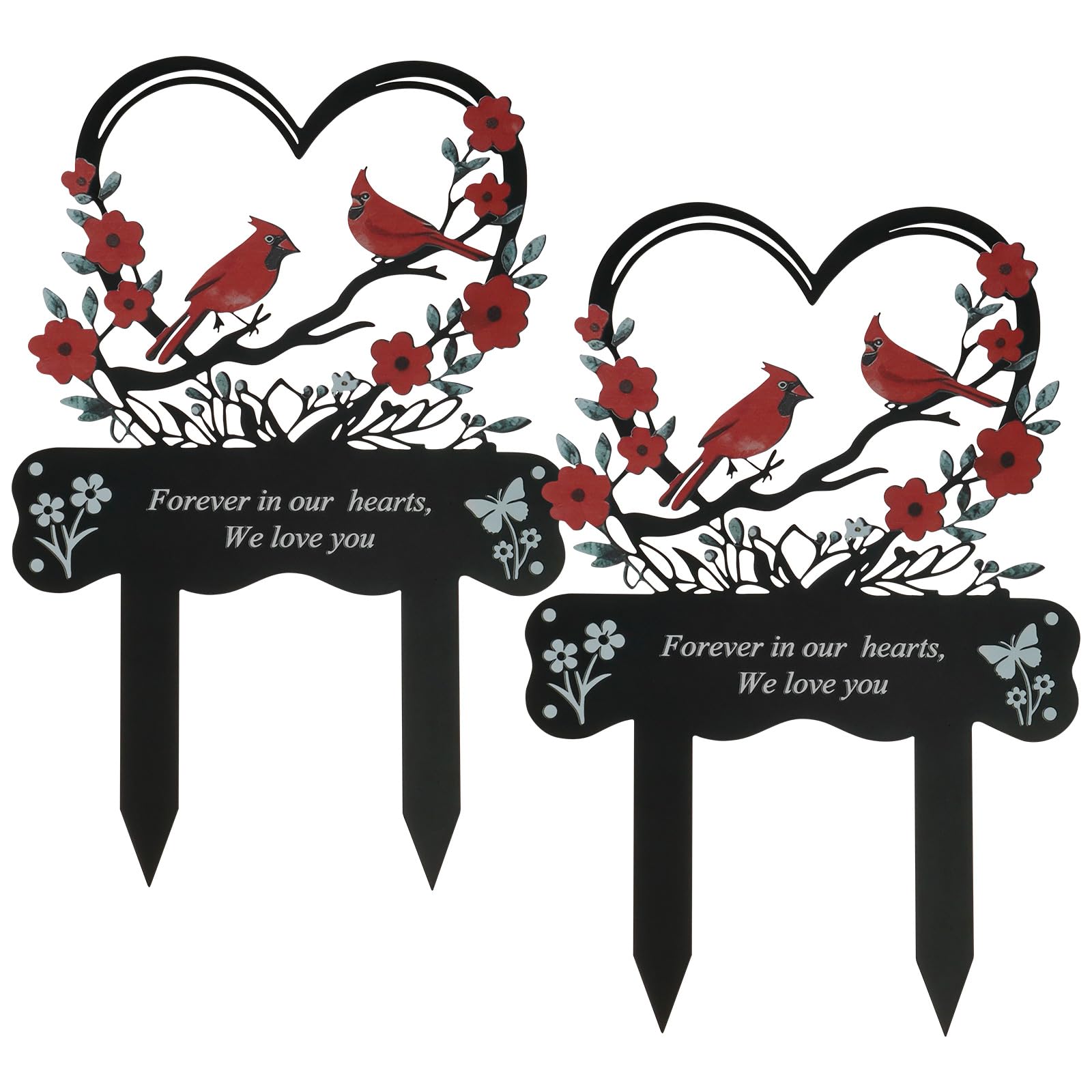 2PCS Cemetery Ornaments for Grave, Metal Memorial Plaque Stakes with Red Cardinals & Heart Flowers, Weather-Resistant Grave Markers Memory Sympathy Gifts for Loss of Mom, Dad & Loved Ones