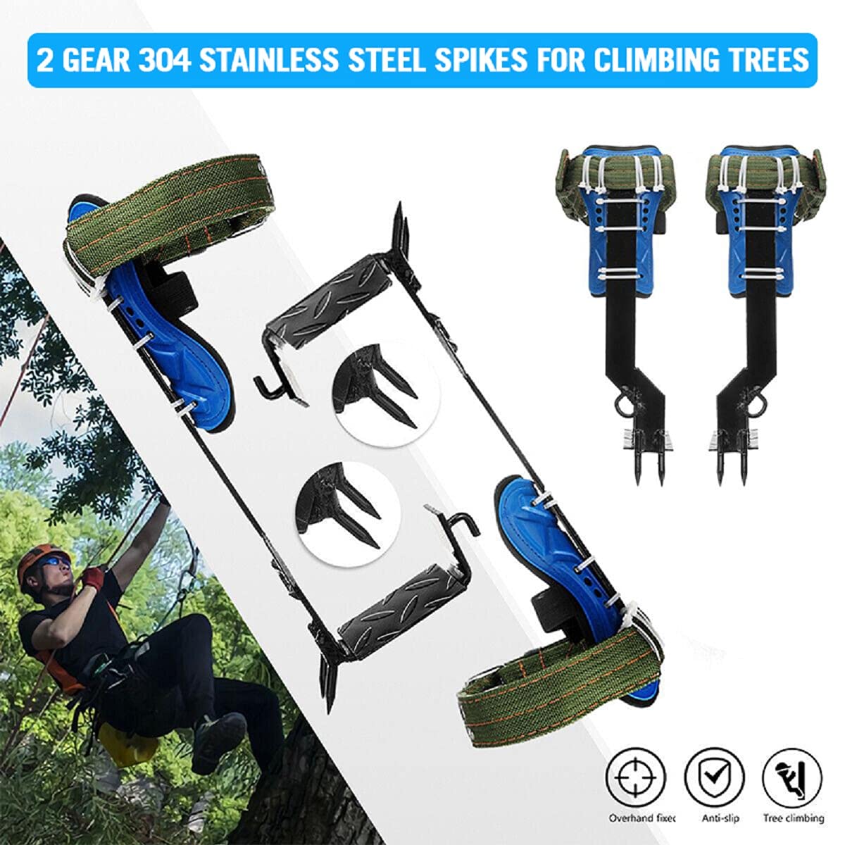 ebees Tree Climbing Spikes, 2 Gear 304 Stainless Steel Spikes for
