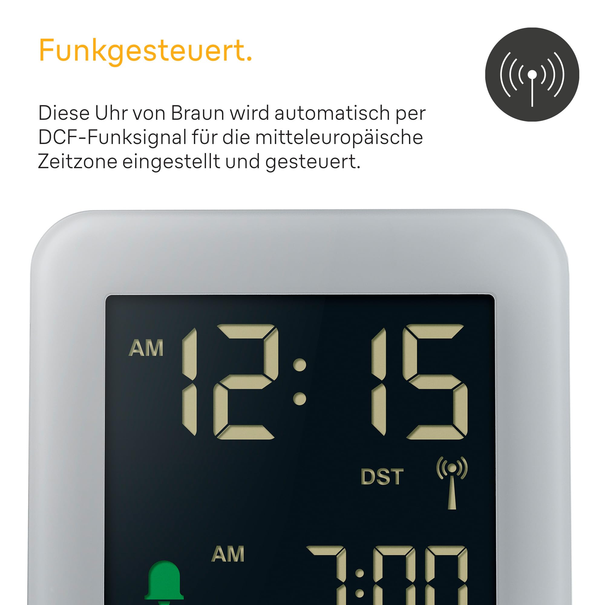 Braun Digitaler Funkwecker für die mitteleuropäische Zeitzone (DCF) mit Schlummerfunktion, LCD-Display, Schnelleinstellung und anschwellendem Alarm-Piepton in Grau, Modell BC09G-DCF.