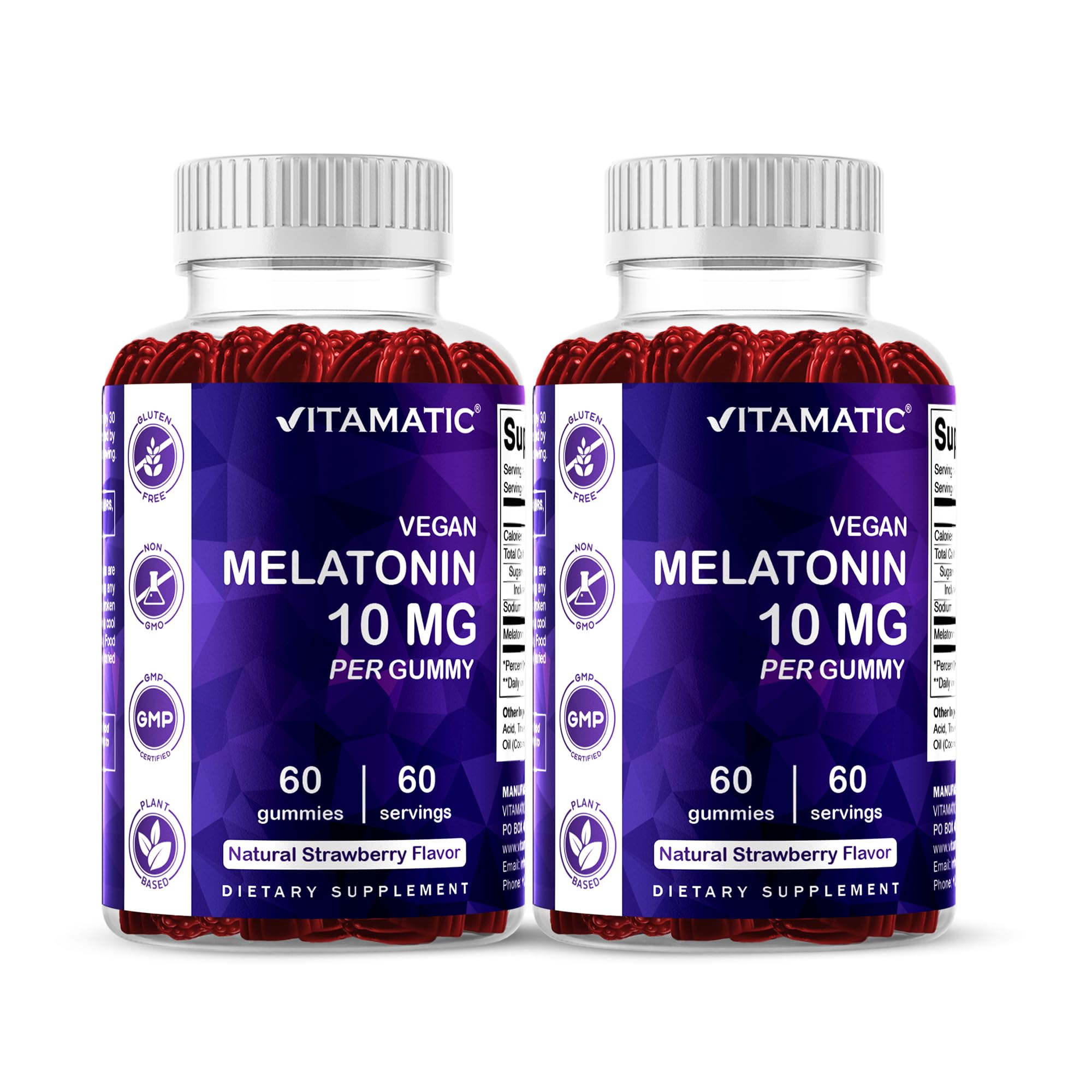 Vitamatic Melatonin 10 mg Vegetarian Gummies – Non-Habit Forming – 60 Gummies per Bottle – 2-Pack (Total 120 Vegan Gummies)