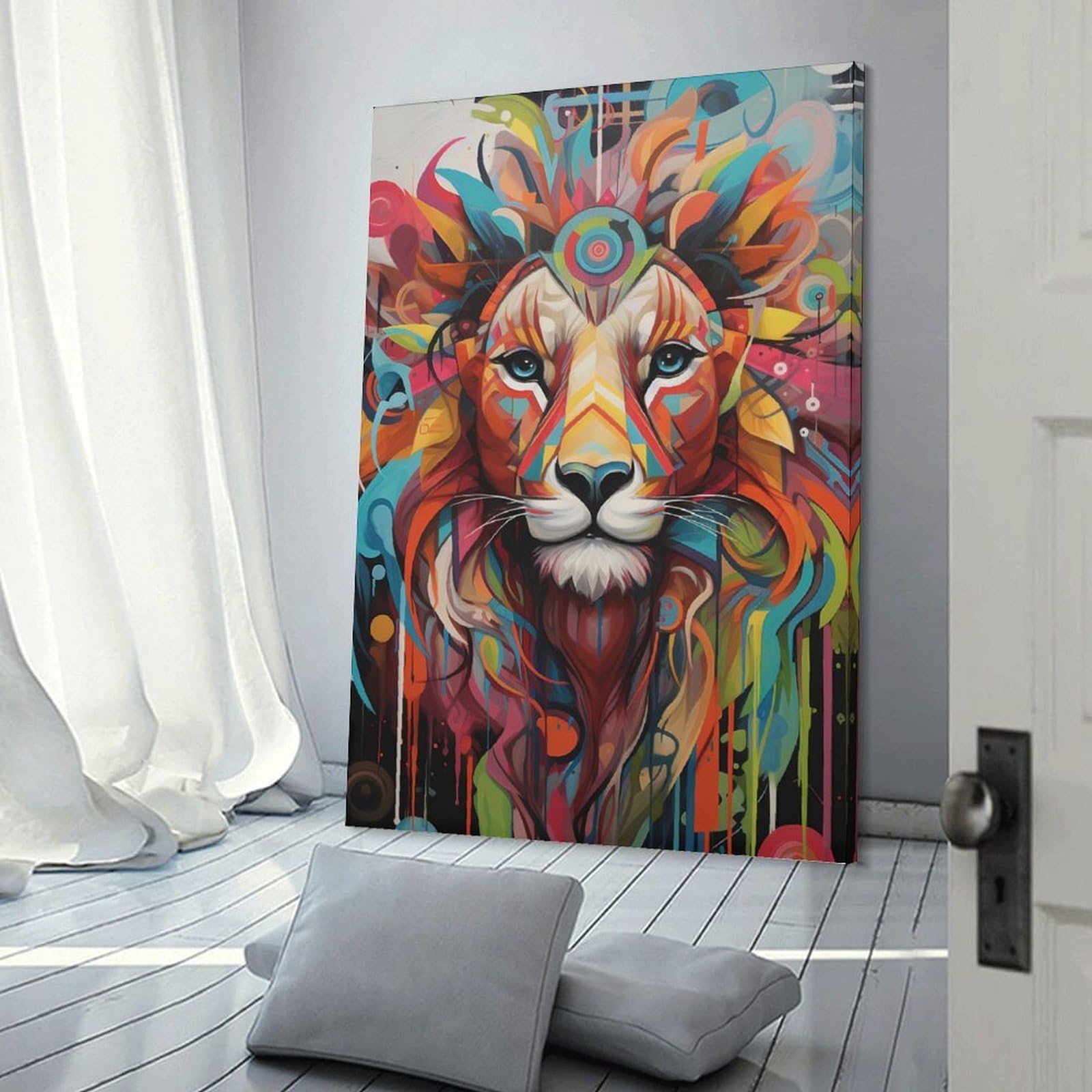 Junmoney Colorful Lion Abstract Art Canvas Art Print 24x36inch(60x90cm), for Entrance Spaces, Stair Walls Or Halls, Wall Decor to Refresh Empty Corners