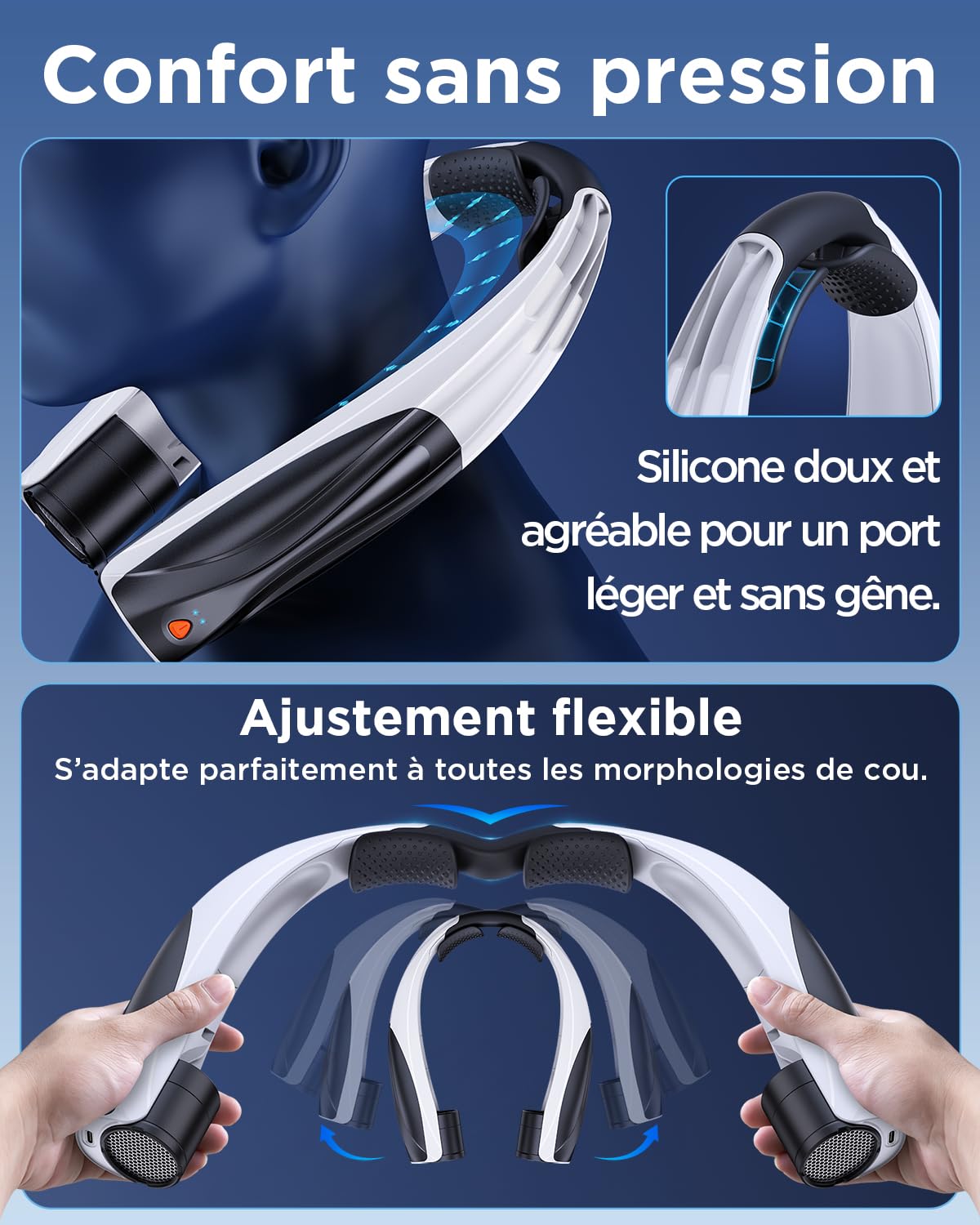 Lepwings Ventilateur de Cou, Autonomie 6–23h, 6 Vitesses, Silencieux & Confortable, USB-C Rechargeable, Batterie 6000 mAh, Ventilateur Tour de Cou pour Bureau, Sport, Voyage – Noir