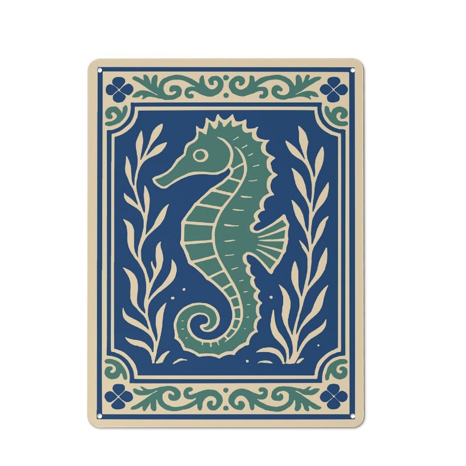 Junmoney Style-7 Seahorse With Floral Border Rustic Printed Metal Sign 40X30cm For Bar Or Restaurant, For Bar Decor Enthusiasts