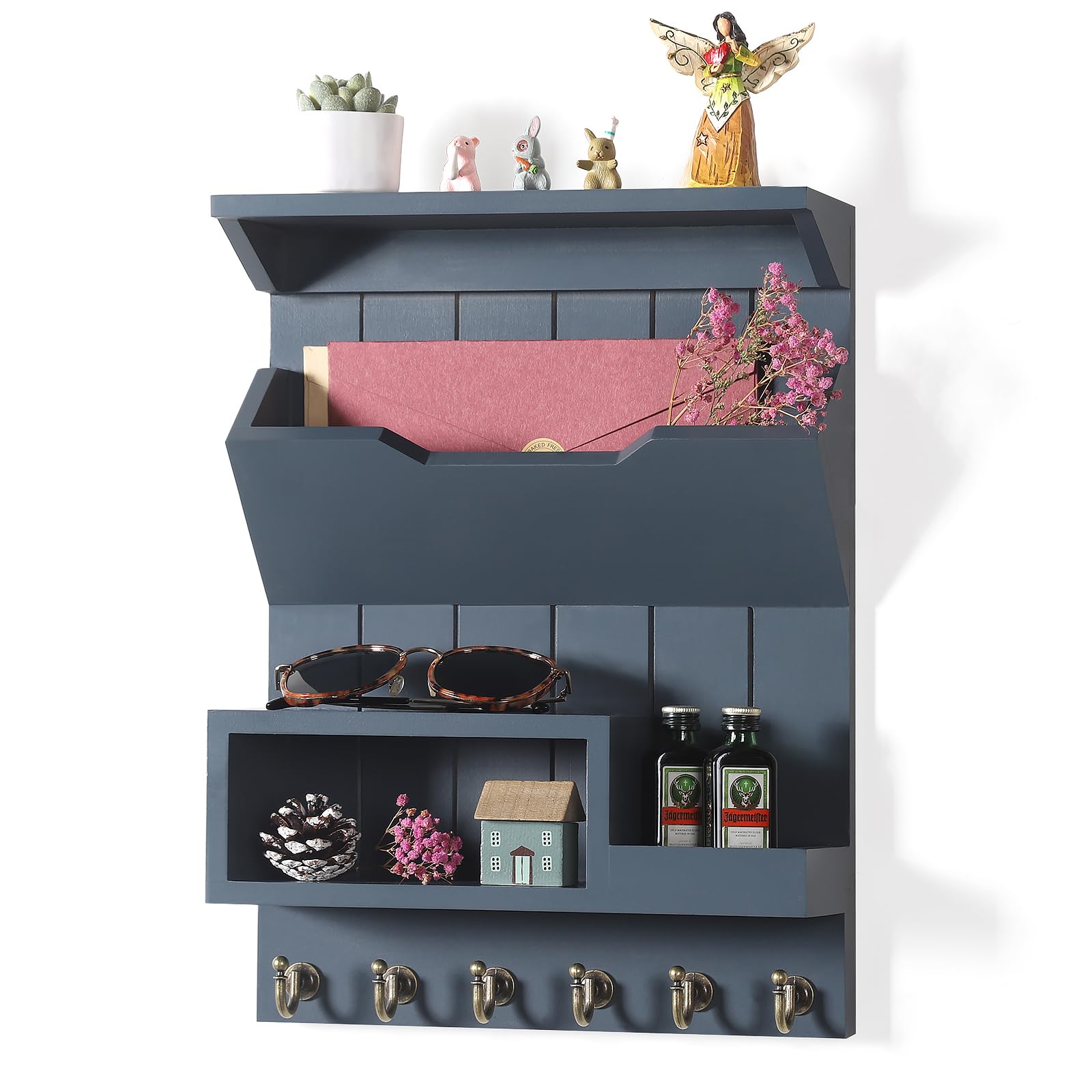 DOPACE Key Holder for Wall, Mail Organizer Wall Mounted, Mail and Key Organizer with 6 Key Hooks for Entryway and Home Decor, Gray