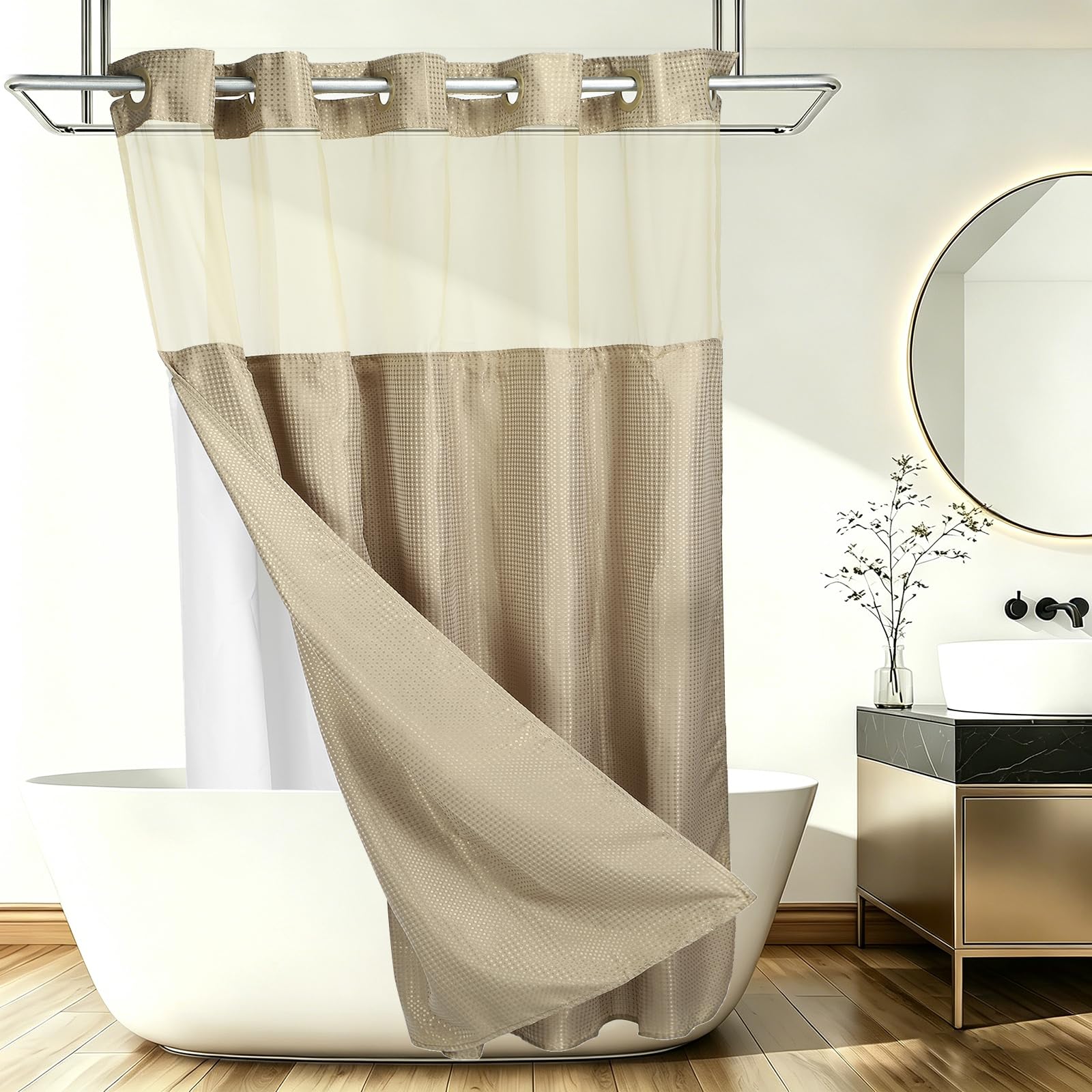 DTGN No Hook Shower Curtain, 180Wx198L cm Polyester Snap-in Removable Liner Set, Waterproof Washable Waffle Weave Textured Shower Curtains for Home Bathroom Hotel, Yellow