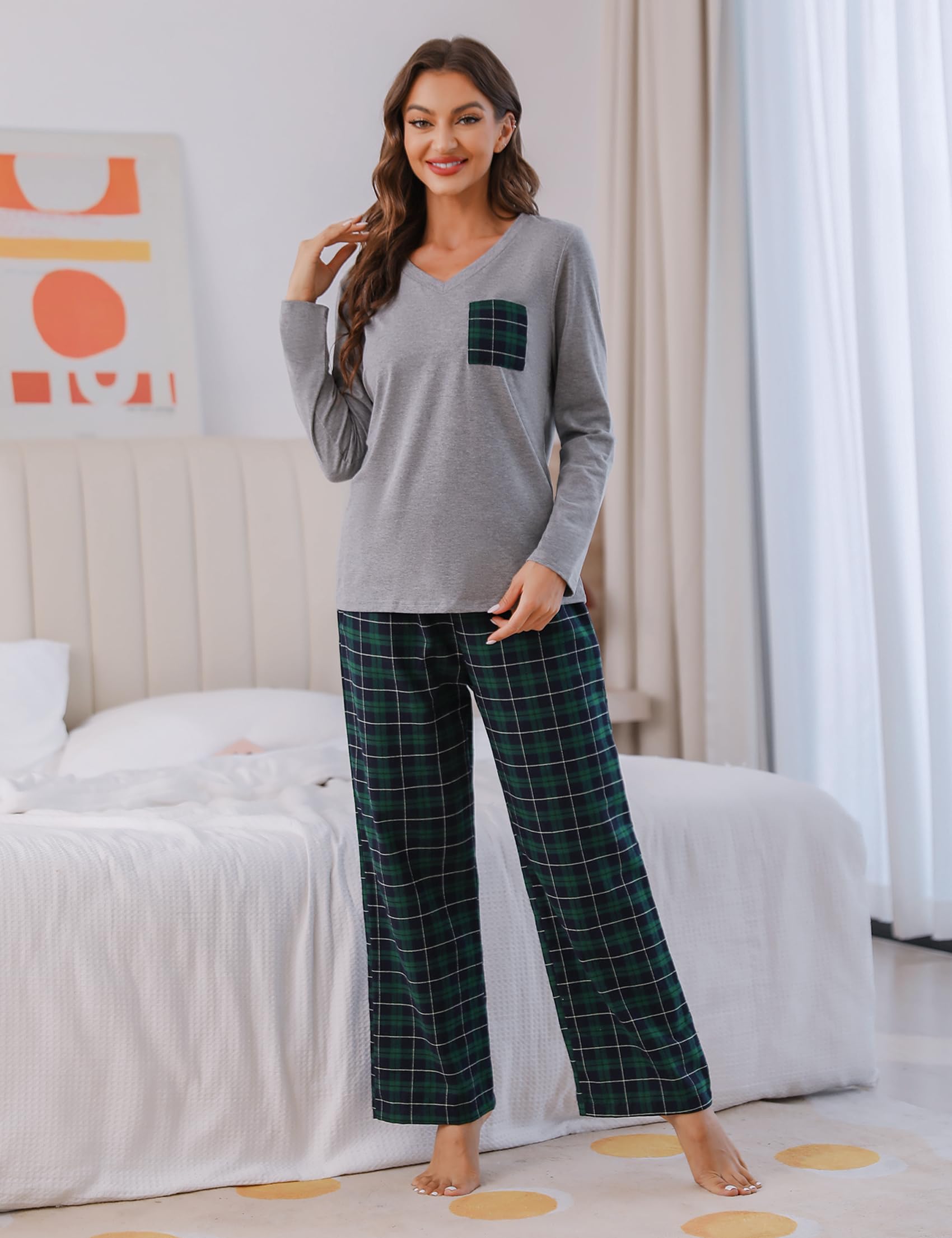 iClosam Pigiama Donna Invernale a Quadri Pigiama Donna in Cotone Lungo Pigiami Due Pezzi da Donna con Tasche Laterali Comodo Casual per la Casa S-XXL