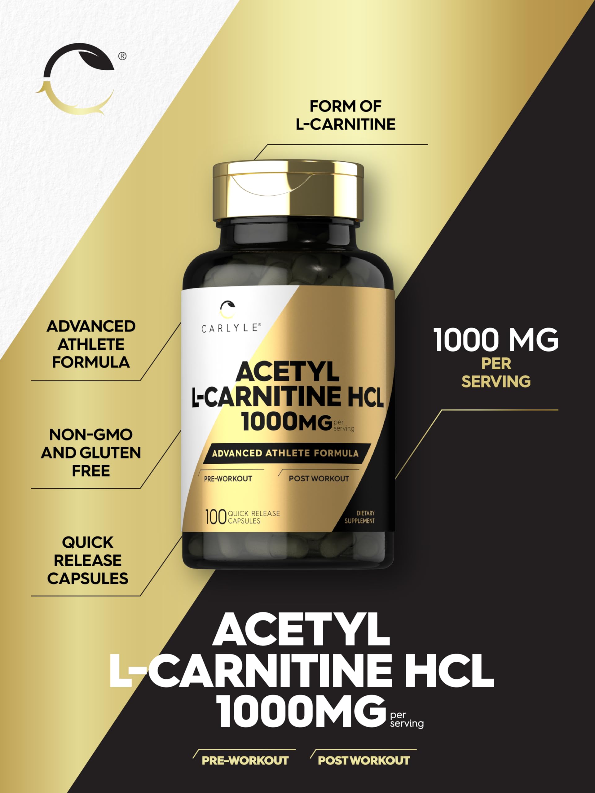 Amazon.com: Carlyle Acetyl L-Carnitine HCL | 1000mg | 100 Capsules |  Advanced Athlete Formula | Pre-Workout Supplement