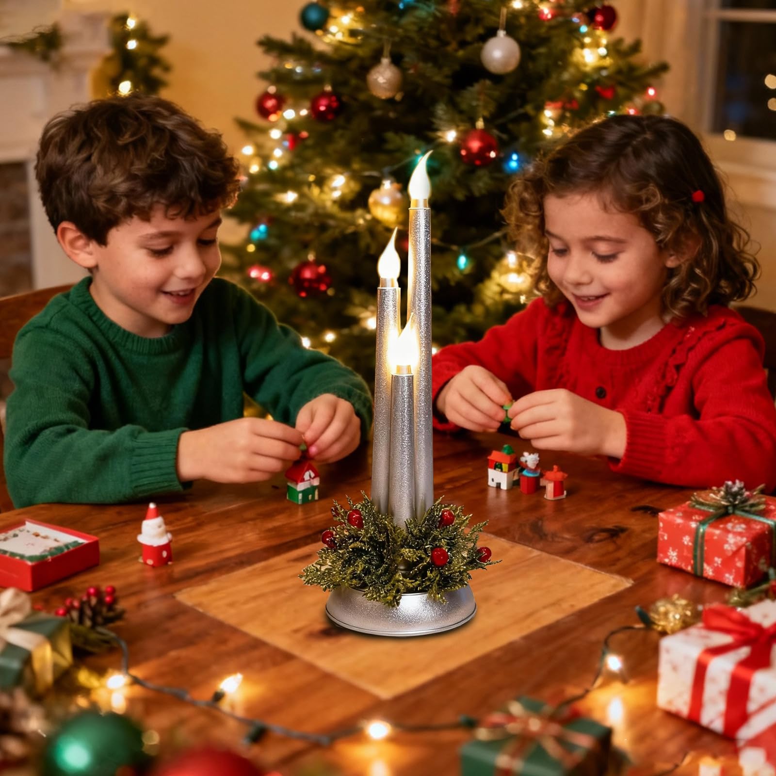 Candele natalizie a LED senza fiamma, 3 in 1, senza fiamma, corte, decorate con foglie di agrifoglio finte e bacche invernali, funzionamento a batteria, per centrotavola natalizio e decorazioni