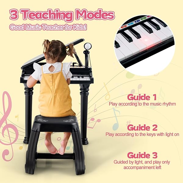 DREAMADE Clavier 31 Touches, Jouet Piano pour Enfants avec Tabouret, Instrument de Musique Mini Piano à Queue avec Microphone, Enseignement Guidé par La Lumière (Noir 31 Touches) - 4