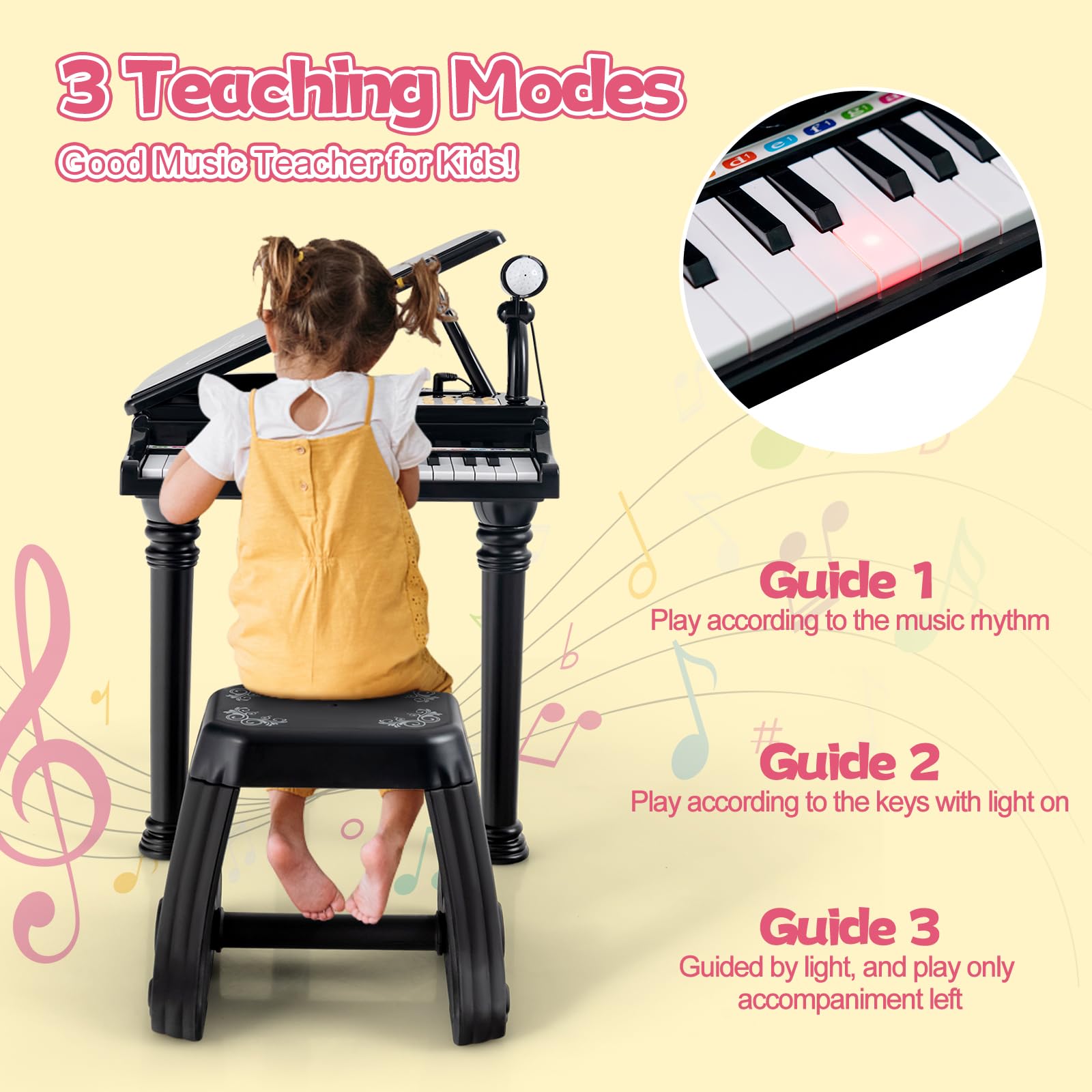 DREAMADE Clavier 31 Touches, Jouet Piano pour Enfants avec Tabouret, Instrument de Musique Mini Piano à Queue avec Microphone, Enseignement Guidé par La Lumière (Noir 31 Touches) - 5
