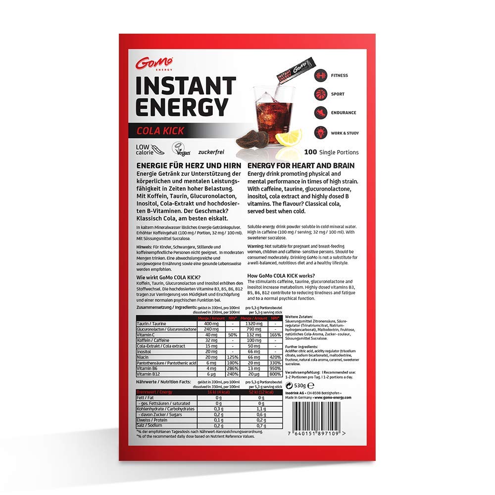 GoMo ENERGY - Polvo instantáneo de energía instantánea Cola Zero para vigilia, resistencia y concentración, bebida energética instantánea superfuerte, sin azúcar, con cafeína, vitaminas B y taurina