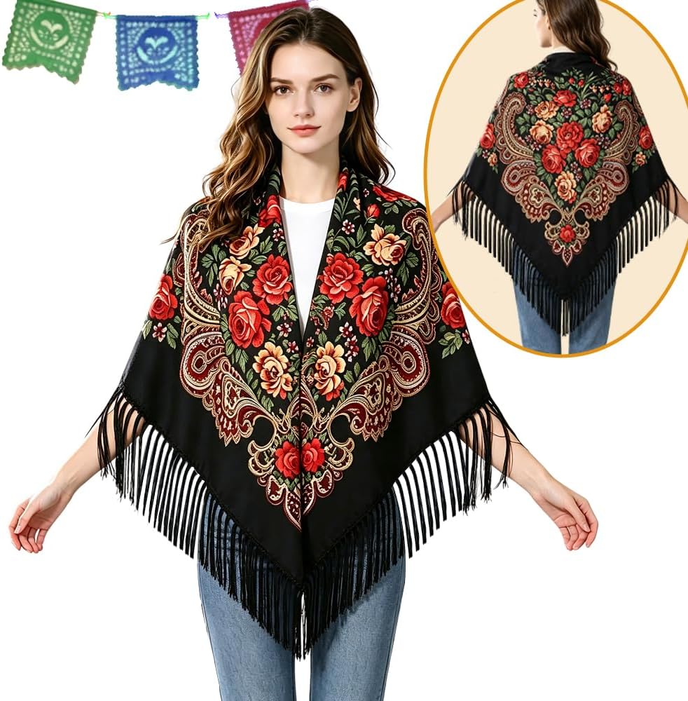 4-Pc Day of the Dead Costume, Mexican Shawl, Sugar Skull Mask, Fan & Gloves