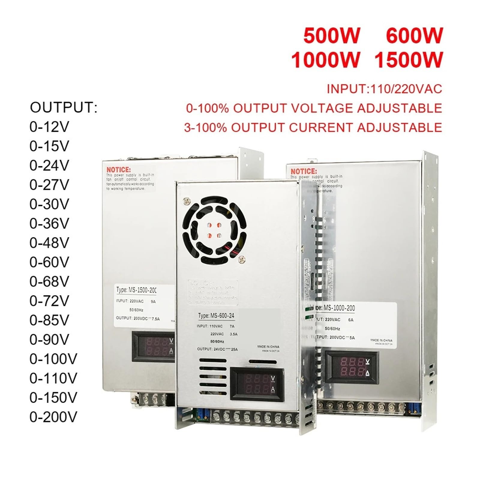 Fuente de alimentación ajustable de 500W 600W 1000W 1500W 0-12V a 0-200V