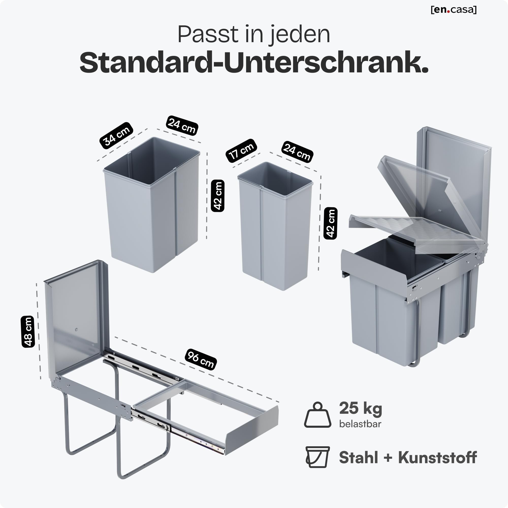 [en.casa] Einbaumülleimer Froland Mülleimer 3 Fächer Mülltrennsystem ausziehbar Abfalleimer Küche 2x10L+1x20L herausnehmbare Behälter 48 x 34 x 42 cm Küchenmülleimer Grau