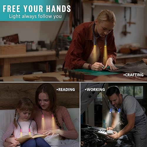 Miniatura 9 de Vekkia Luz ligera de lectura para el cuello, luces de lectura para libros en la cama, luz de cuello para tejer, 3 colores, 9 brillo, recargable,