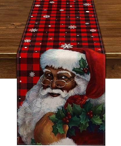 Nepnuser Camino de mesa de búfalo de Navidad afroamericana de 108 pulgadas de largo, color negro, Papá Noel, decoración de Navidad para interiores,