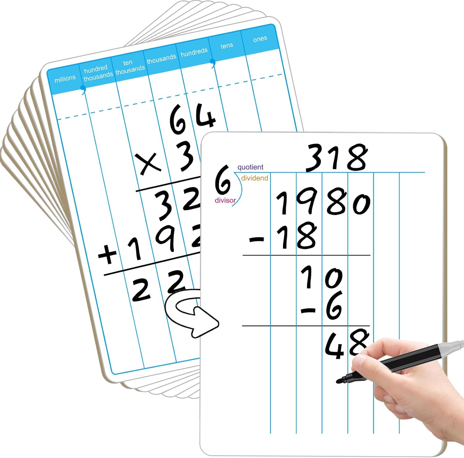 6 Pack Long Division Whiteboard for Kids Thickened Double-Sided Cardboard Board Division Chart Portable Math Manipulatives Whiteboard Educational Tools for Students Classroom, 12" x 9" 6 Pcs