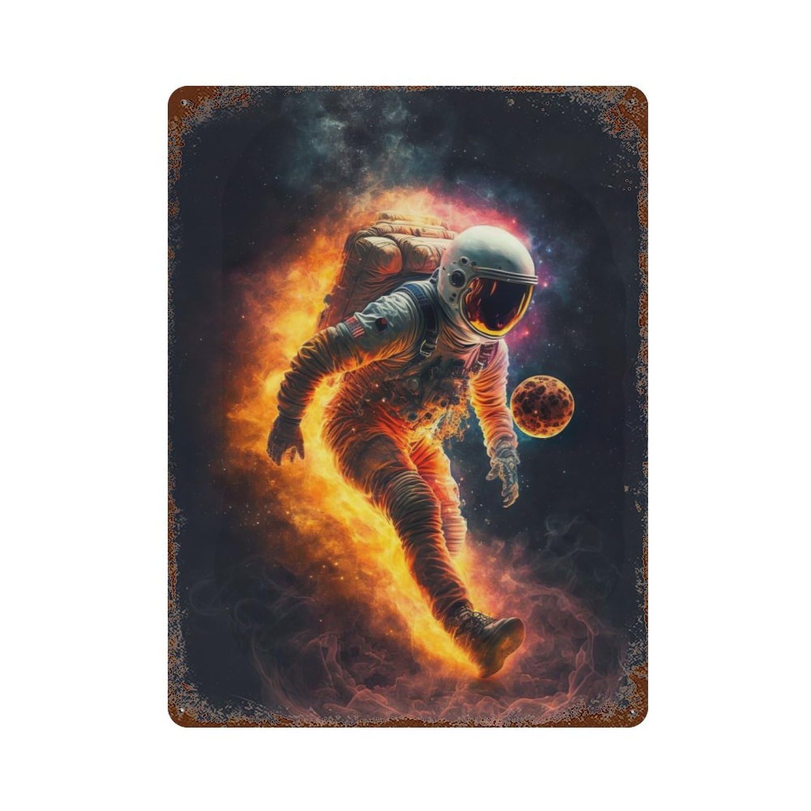 Running Astronaut in Space Rusty Metal Tin Sign 15.7"x11.8", Ideal for Farmhouse, Kitchen And Entryway Decor