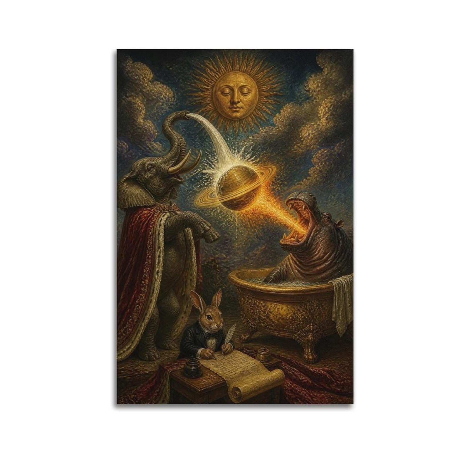 XKUGA Surreal Renaissance Animal Poster Elephant Hippo Saturn Fable Modern Decorative Canvas Prints - Ideal Wall Art for Family, Man Cave, Game Room, Boys & Girls Bedroom 20x30inch(50x75cm)