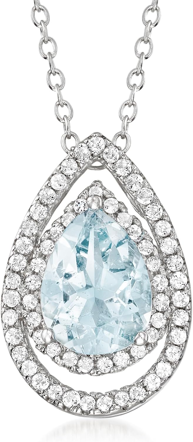 Ross-Simons 1.30 Carat Aquamarine and .30 ct. t.w. White Topaz Pear-Shaped Pendant Necklace in Sterling Silver. 18 inches