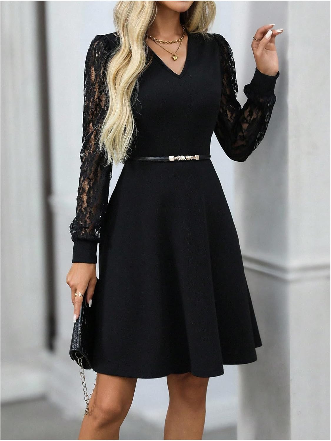 GORGLITTER Women's Lace Long Sleeve Mini Dress Elegant Classy Fall Casual V Neck Birthday Cocktail Dinner Party Dresses - Image 4