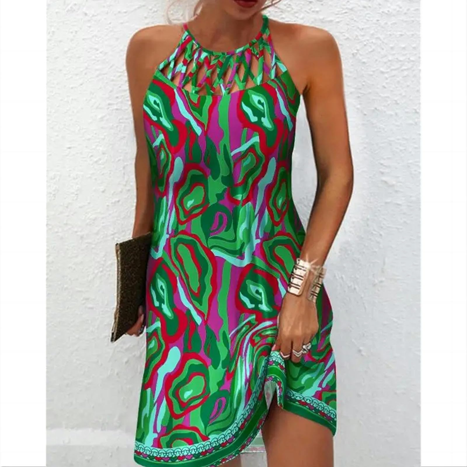 Vestito Donna Elegante Abito da Donna in Abito per Le Vacanze Stampare Cavo Casual Mini Abito Senza Maniche