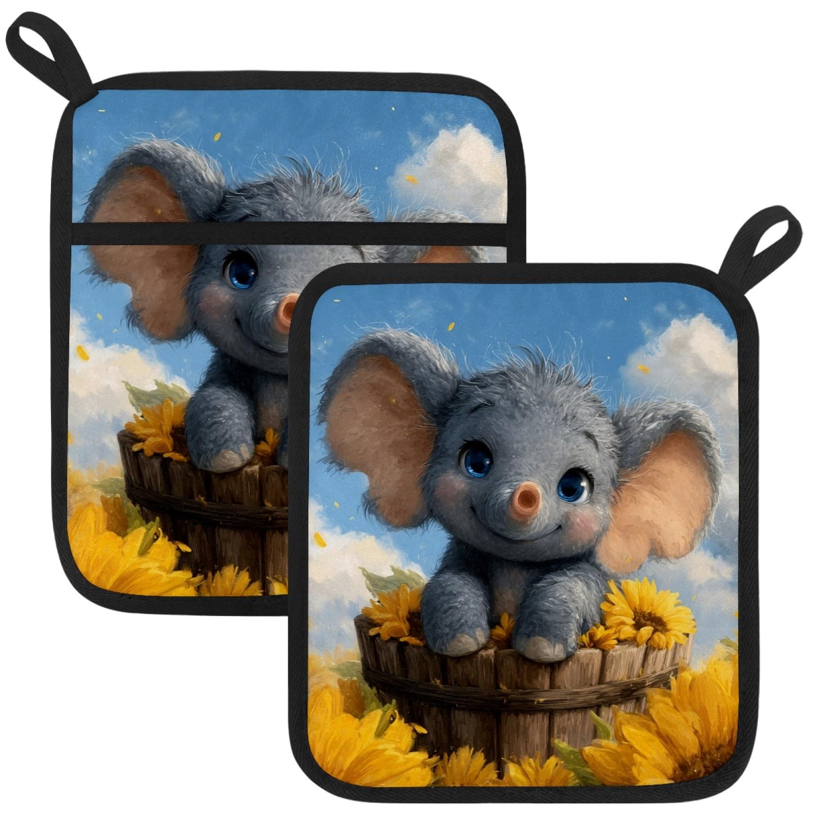VAPOKF Cute Elephant Sunflower Pot Holders with Pocket for Kitchen Heat Resistant Potholders Large Polyester-Cotton Square Oven Mitts Set