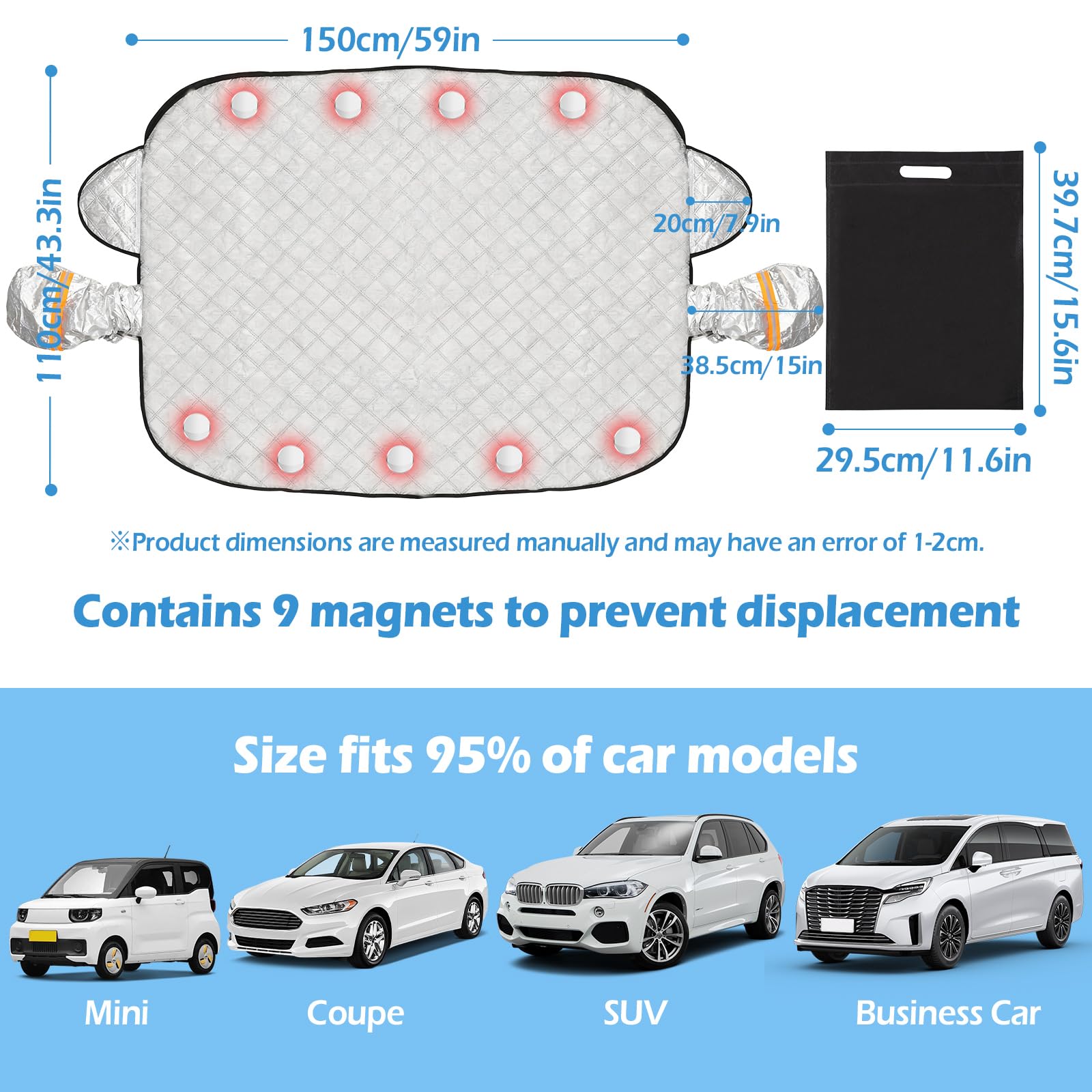 Couverture Pare Brise Voiture, Housse de Pare-Brise avec Protection pour Rétroviseurs, avec 9 Aimants pour Voitures/SUV, Protège de la Neige, du Verglas et du Soleil, 150x110 cm