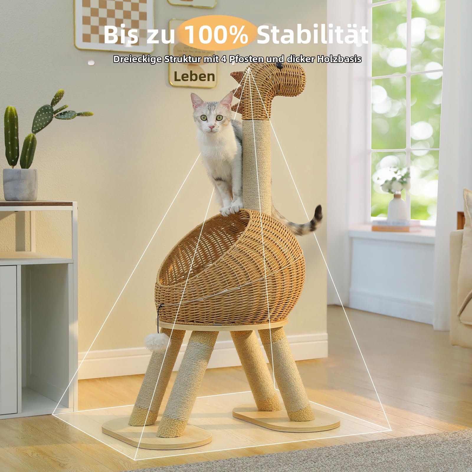 PETEPELA Kratzbaum Katzenbett in Dinosaurierform mit 5 Sisal-Kratzsäulen 115cm, 400 mm halboffenes Weidennest, komfortable Katzenhöhle