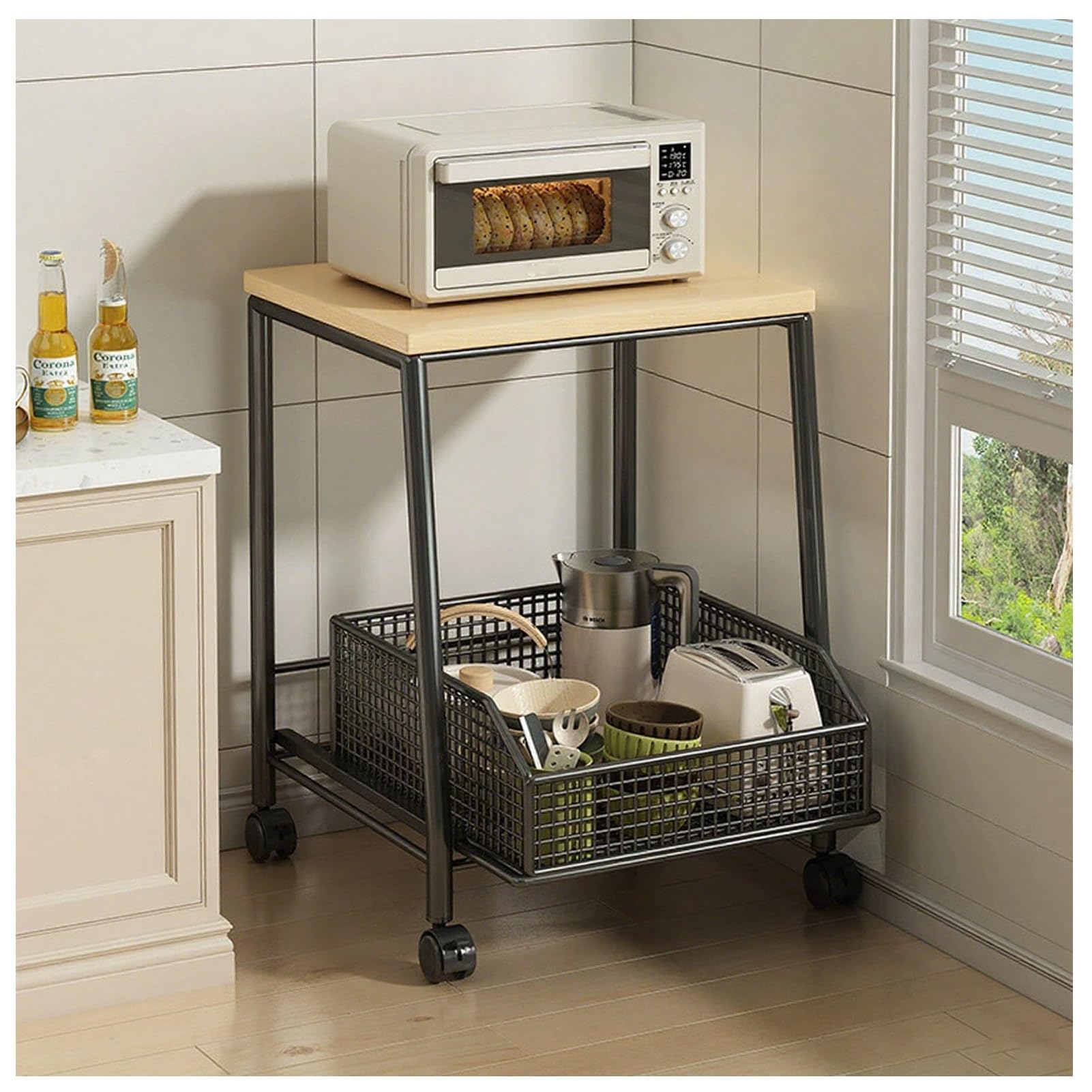 Black 2-Tier Coffee Machine nizer Rack - Rolling Microwave Cart with Sliding Drawer, Kitchen Countertop Storage Stand & Floor Holder for Home & Office