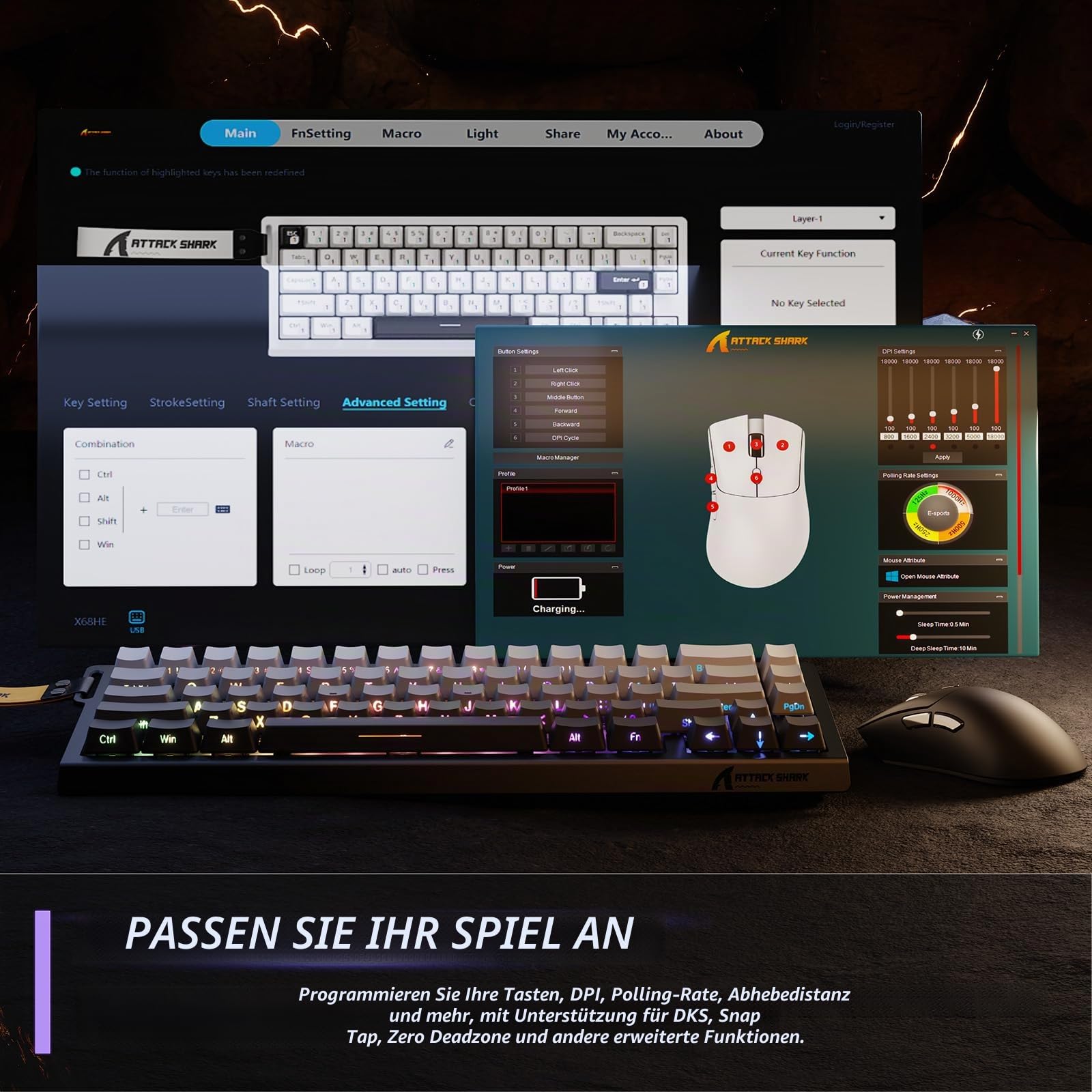 MAMBASNAKE Attack Shark X68 HE Rapid Trigger-Tastatur & R1-Maus & 8KHz-Spiralkabel Kombinationen, 0.01mm RT Accuracy, 8KHz Wired Magnetische Tastatur, R1 Kabellose Gaming-Maus, für PC/Mac–Mondnacht