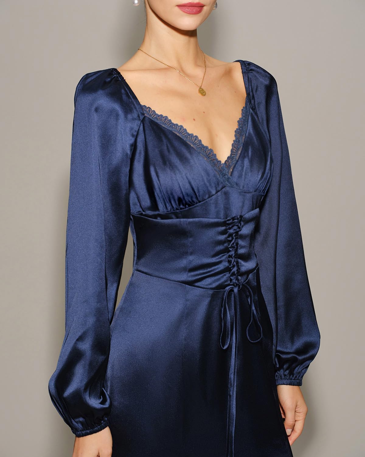 RIHOAS Navy Satin Midi Dress - Women's Long Sleeve V Neck Ruched A Line Elegant Formal Wedding Guest Dress - Image 3