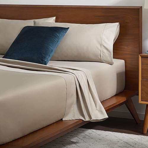 Miniatura 9 de Lucid Juego de sábanas de algodón de 600 hilos, bolsillos profundos de 14 pulgadas, juego de sábanas transpirables, tamaño Queen, color arenisca