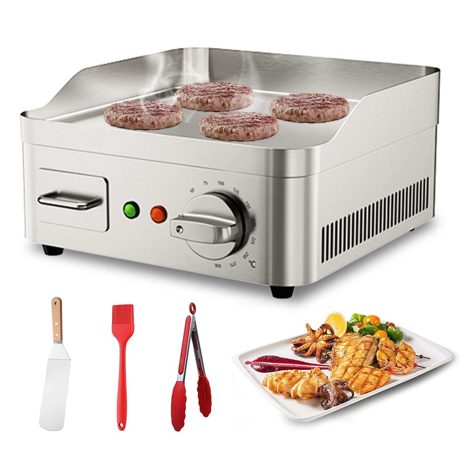 Piastra Elettrica Griglia 13,7", Griglia da Banco Elettrica Commerciale, Griglie Piane in Acciaio Inox Antiaderenti per Cucina Ristorante con Controllo della Temperatura Regolabile 2000W 220V