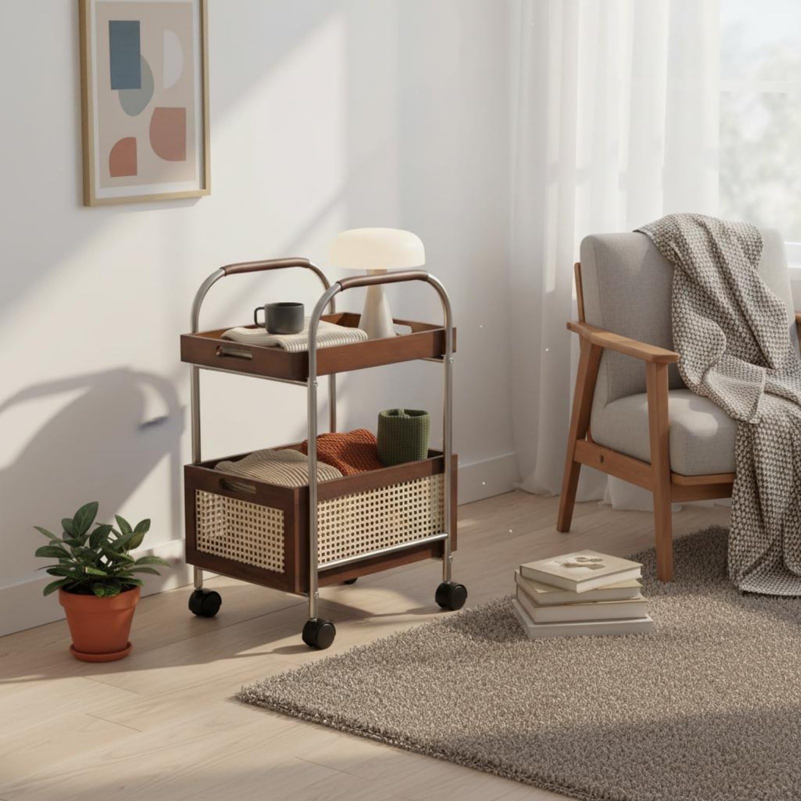 Carrello Portaoggetti Multistrato Carrello Due Ripiani Carrello con Ruote Carrello da Servizio Stile Retrò con Elementi in Rattan E Vassoi in Legno, Natural, Wave Tray