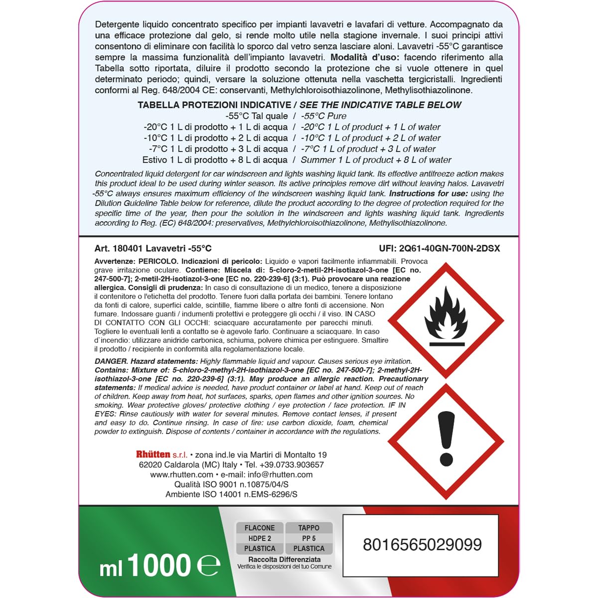 Lavavetri Invernale -55°C, Per Vaschette Lavavetri e Lavafari, Da Diluire, Alta protezione dal Gelo, Indicato per Inverni Rigidi, 1L
