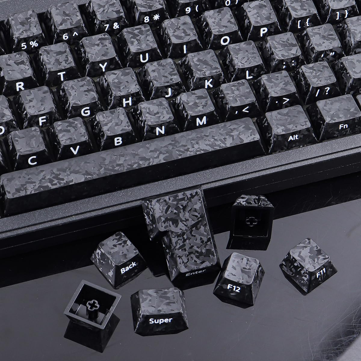Sunzit PBT Keycaps, 119 Tasten, individuelles Set mit schwarzen Tastenkappen in Carbonfaser Optik, Cherry-Profil, seitlicher Sublimationsdruck für MX-Schalter, mechanische Gaming-Tastatur