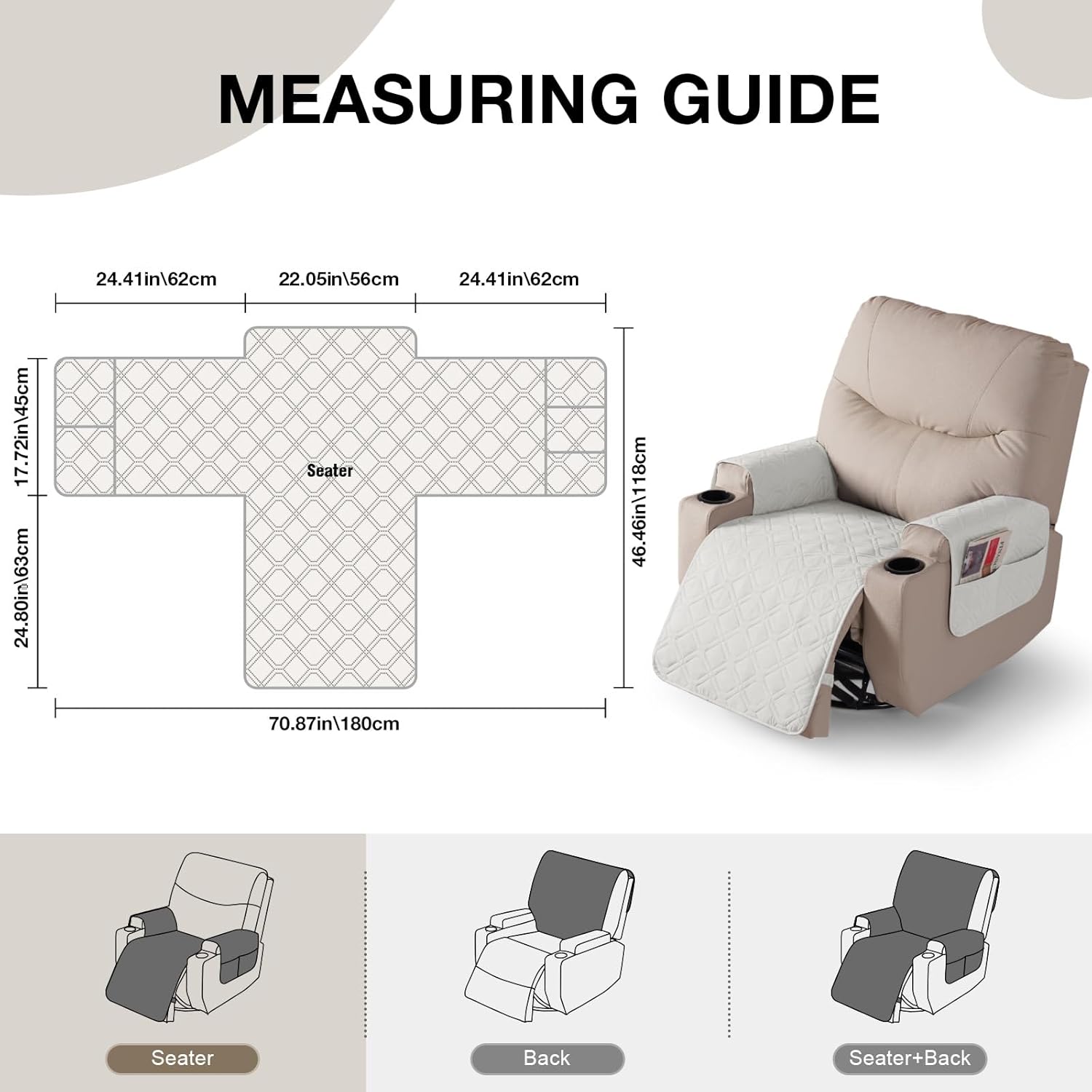 VANSOFY Recliner Chair Covers 100% Waterproof Seat Cover with Arm Reclining Cover Non-Slip Recliner Chair Covers Furniture Protector Washable Slipcover with Pocket for Pets, Dogs(Off White, 22") Off White 22"