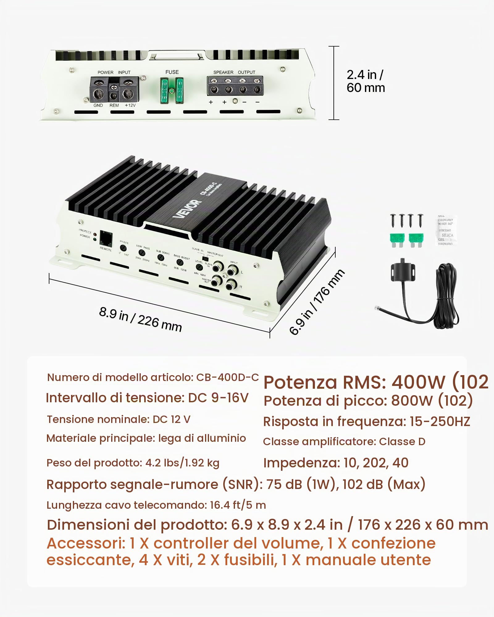 VEVOR Amplificatore Monoblocco per Auto 400W Classe D con Controllo Remoto del Livello del Subwoofer, Filtro Passa-Basso, Potenziamento dei Bassi, Spostamento di Fase, Controllo del Volume