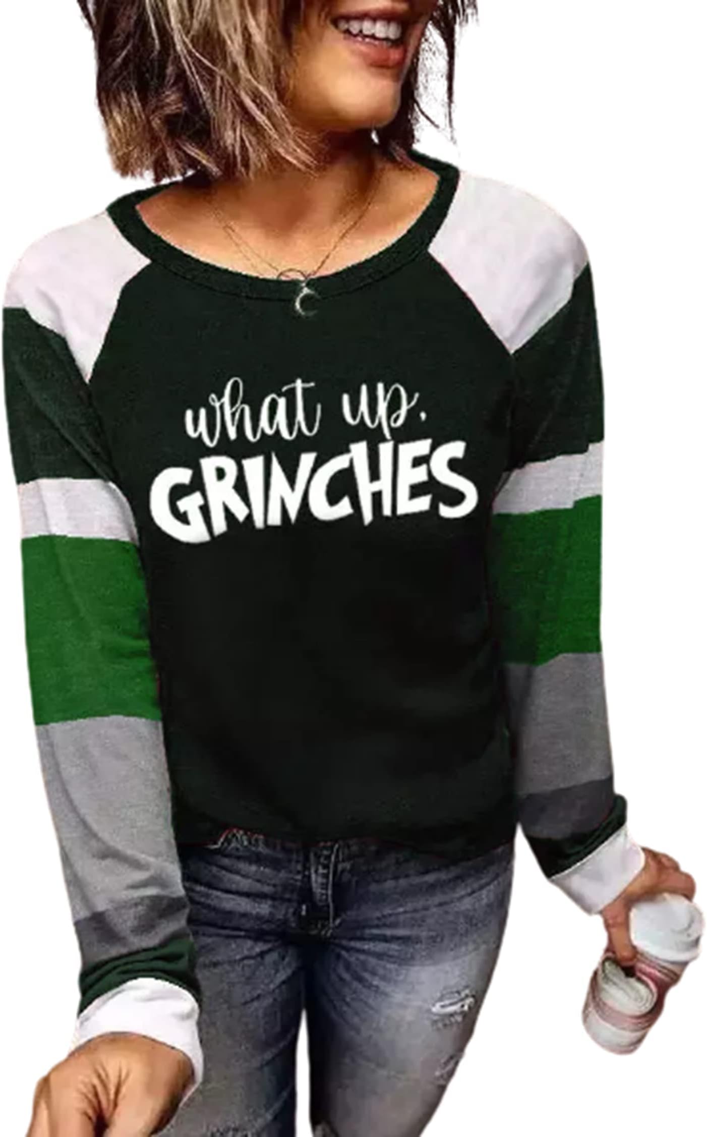 What Up Color Block Baseball T-Shirt for Women Christmas Casual Splicing Long Sleeve Shirt Tops Blouse